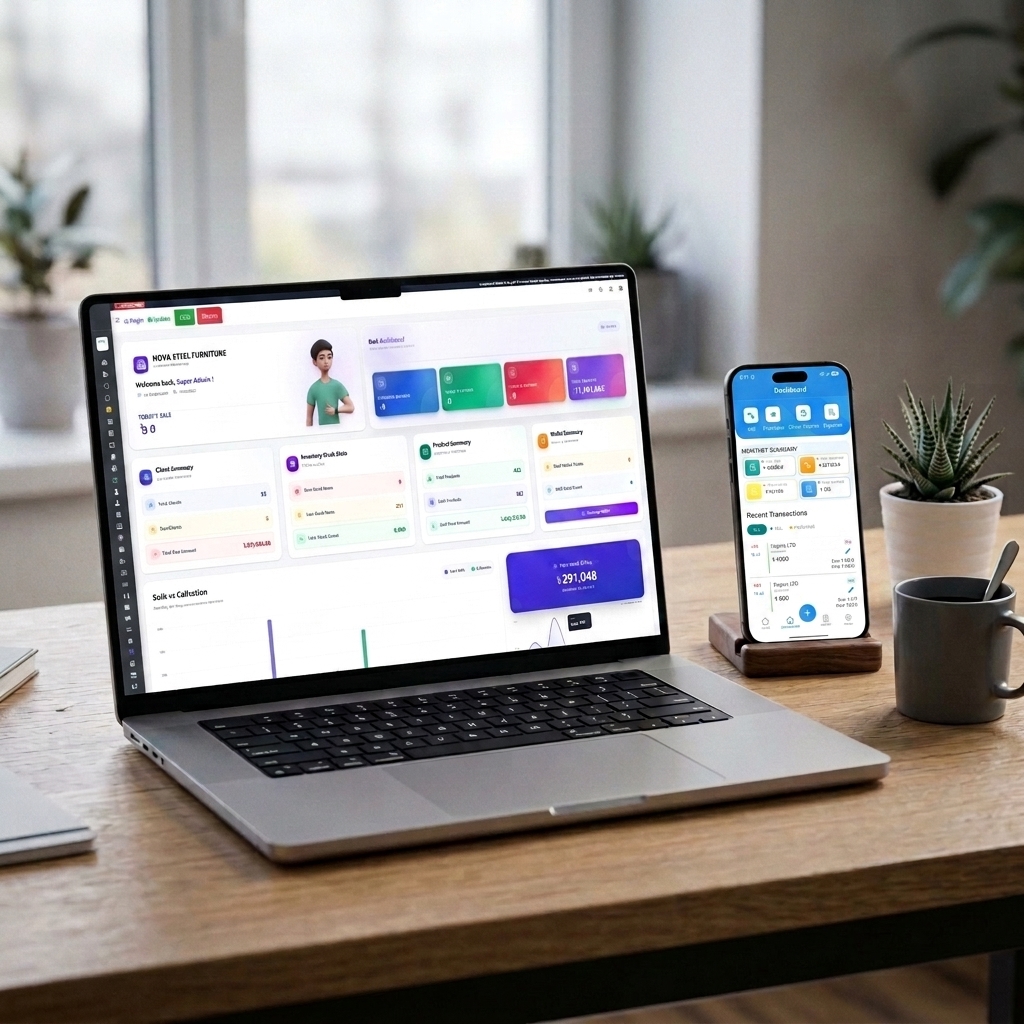 An ultra-premium cinematic responsive design mockup displaying the INVI dashboard on a sleek laptop next to an iPhone.
